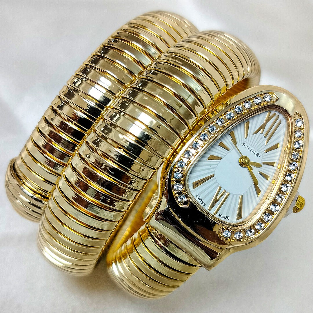 Luxury Gold Finish Triple Coil Snake Watch For Girls & Women