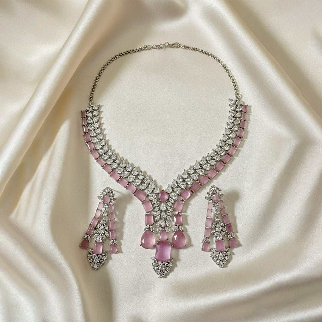 Silver Tone Statement Teardrop & Rectangular AD Stone Jewellery Set with Matching Earrings