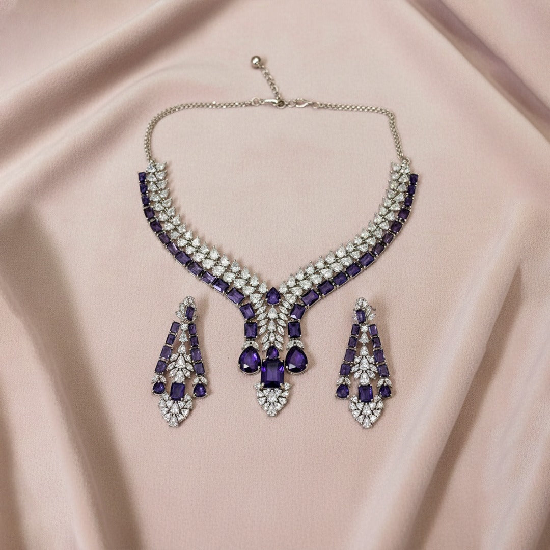 Silver Tone Statement Teardrop & Rectangular AD Stone Jewellery Set with Matching Earrings