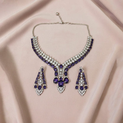 Silver Tone Statement Teardrop & Rectangular AD Stone Jewellery Set with Matching Earrings