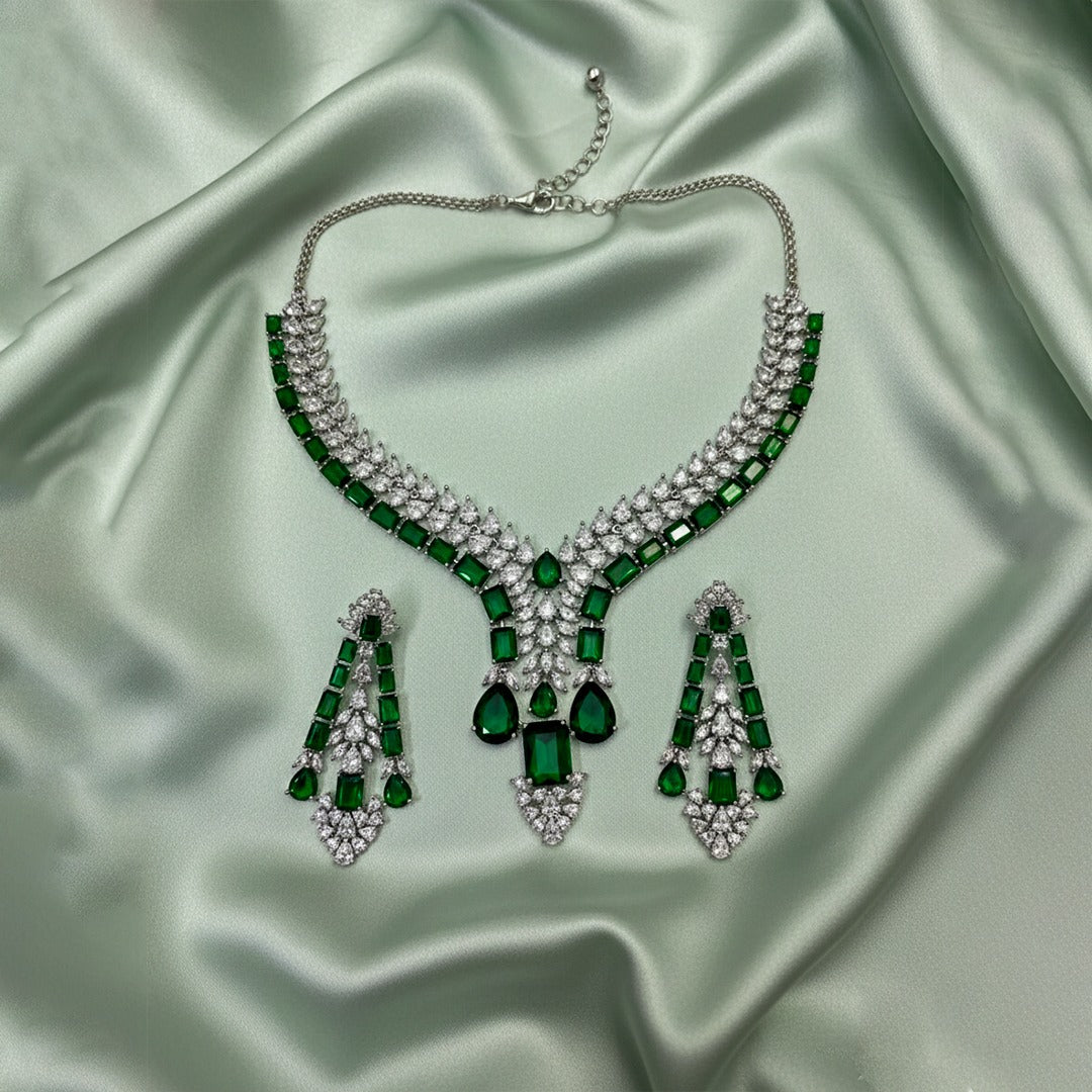 Silver Tone Statement Teardrop & Rectangular AD Stone Jewellery Set with Matching Earrings