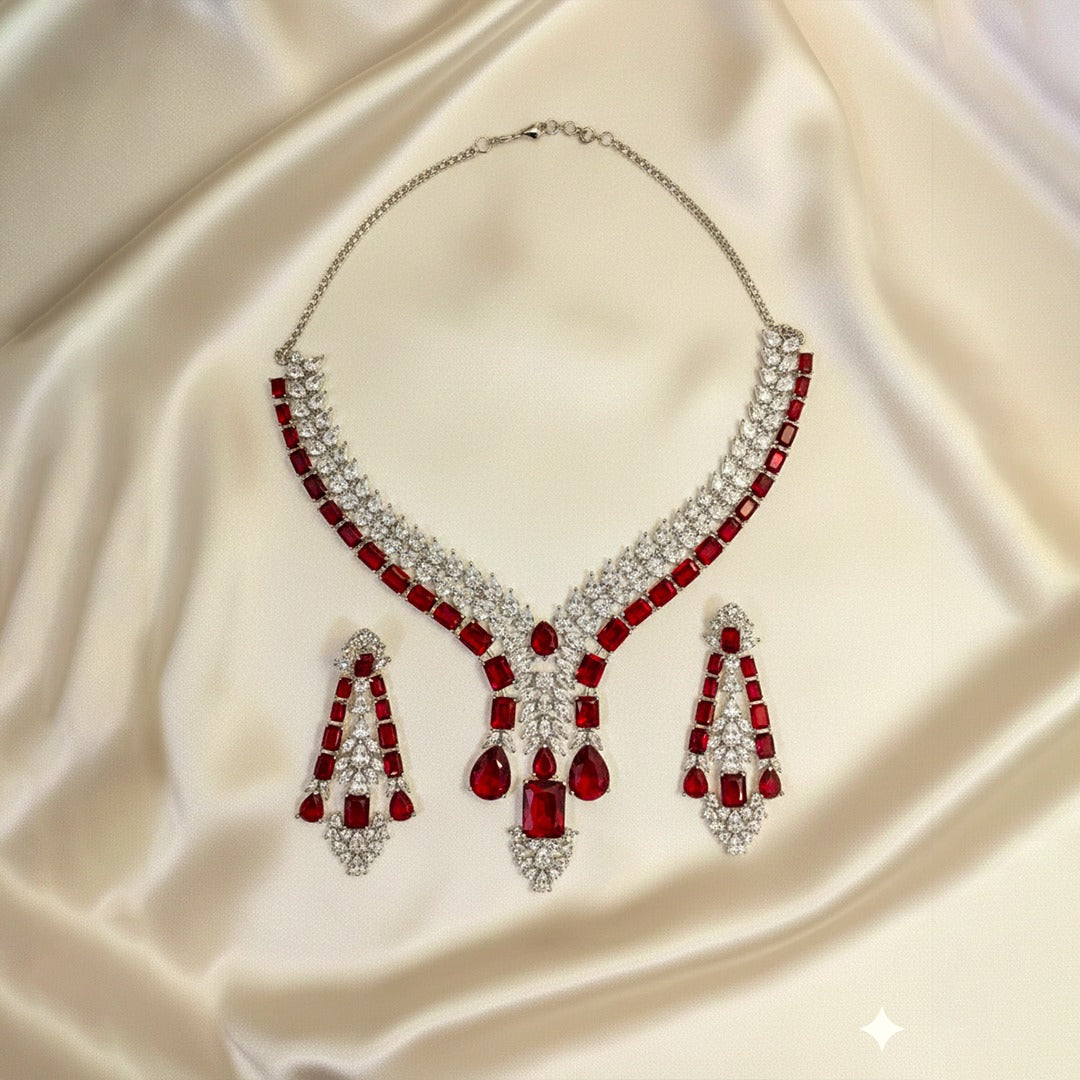 Silver Tone Statement Teardrop & Rectangular AD Stone Jewellery Set with Matching Earrings