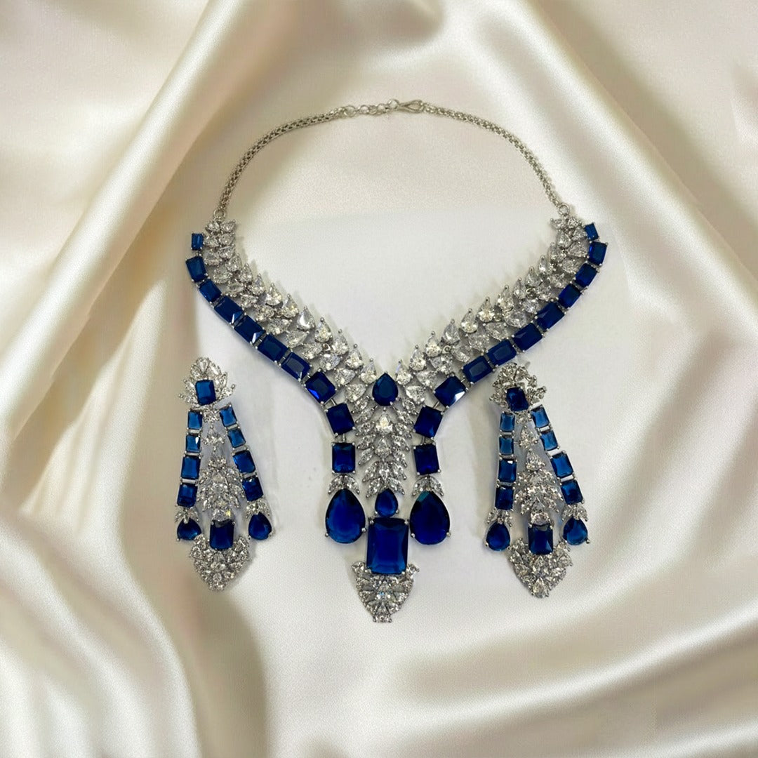 Silver Tone Statement Teardrop & Rectangular AD Stone Jewellery Set with Matching Earrings