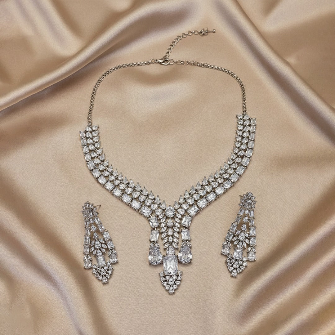 Silver Tone Statement Teardrop & Rectangular AD Stone Jewellery Set with Matching Earrings