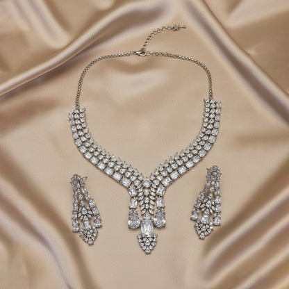 Silver Tone Statement Teardrop & Rectangular AD Stone Jewellery Set with Matching Earrings