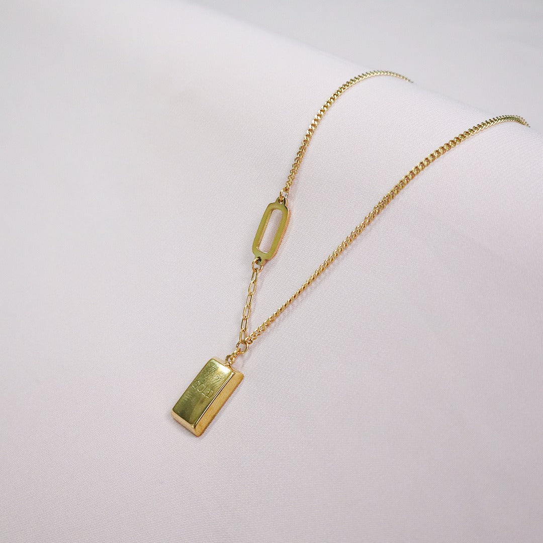 18K Gold Plated Gold Brick Pendant Necklace (Anti-Tarnish)