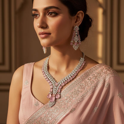 Silver Tone Statement Teardrop & Rectangular AD Stone Jewellery Set with Matching Earrings