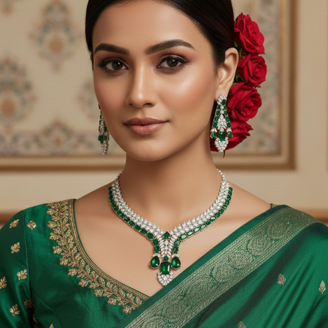 Silver Tone Statement Teardrop & Rectangular AD Stone Jewellery Set with Matching Earrings