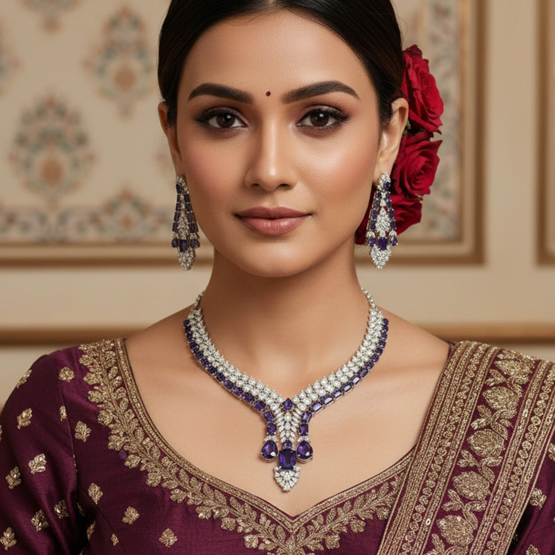 Silver Tone Statement Teardrop & Rectangular AD Stone Jewellery Set with Matching Earrings