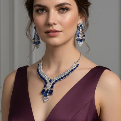 Silver Tone Statement Teardrop & Rectangular AD Stone Jewellery Set with Matching Earrings