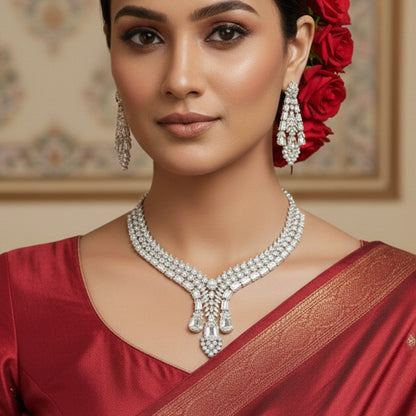 Silver Tone Statement Teardrop & Rectangular AD Stone Jewellery Set with Matching Earrings