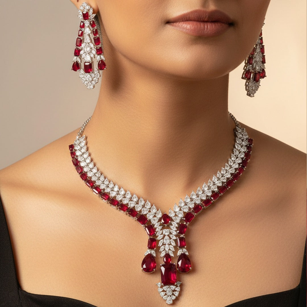 Silver Tone Statement Teardrop & Rectangular AD Stone Jewellery Set with Matching Earrings