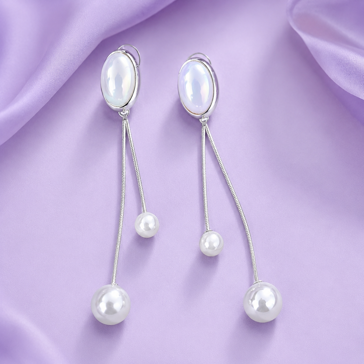 Oval Double Chain Mother of Pearl Drop Earrings for Women & Girls
