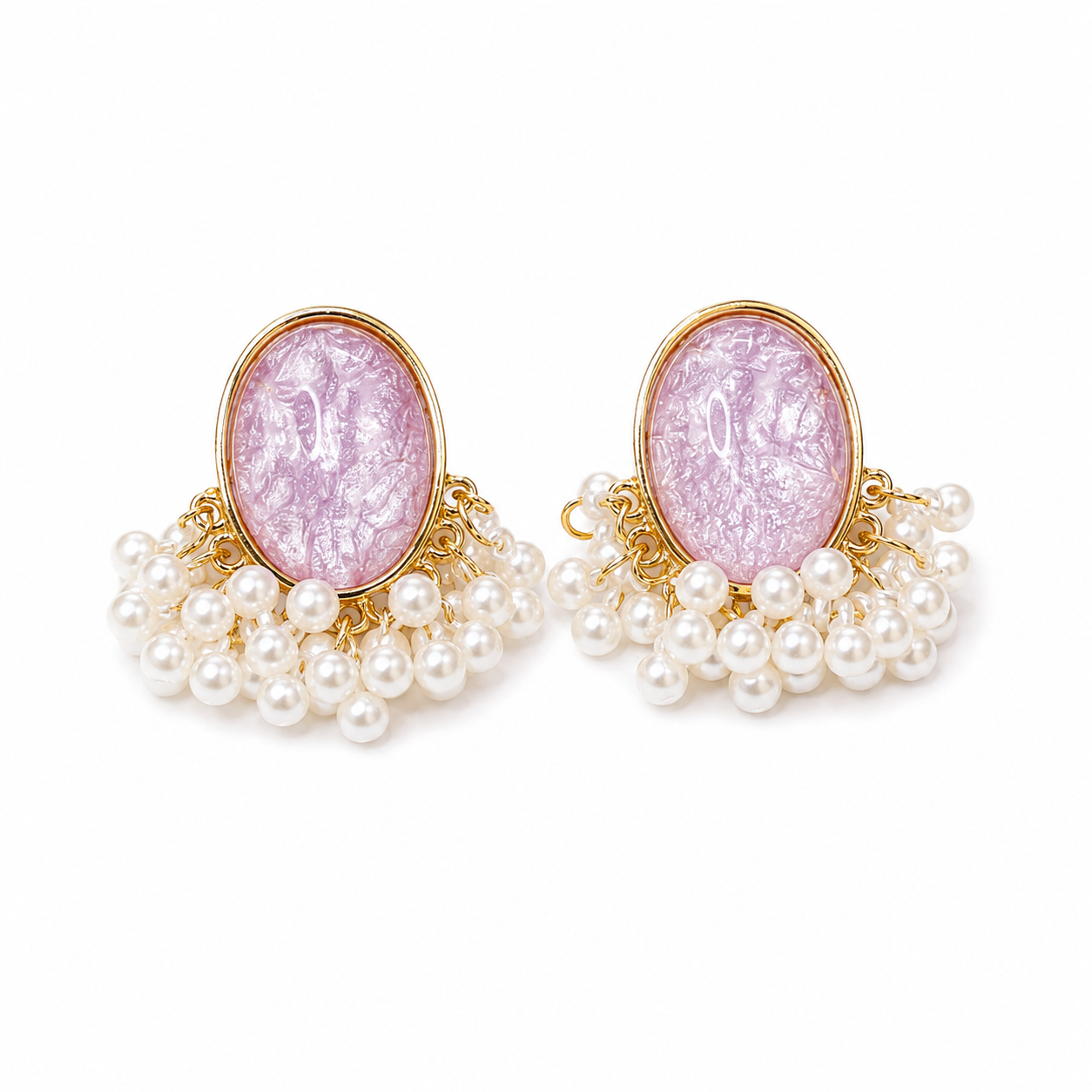 Oval Stone Pearl Stud Earrings with Pearl Tassel for Women & Girls