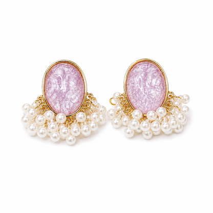 Oval Stone Pearl Stud Earrings with Pearl Tassel for Women & Girls