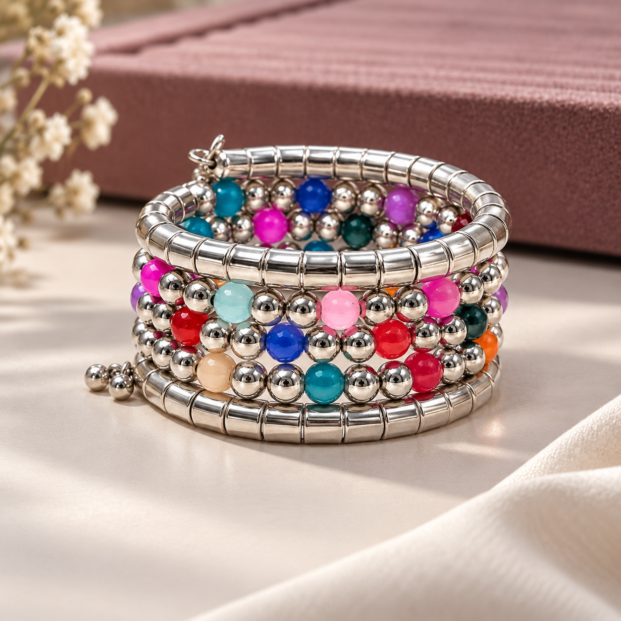 Multi-Strand Silver-Toned Coil Bracelet for Girls & Women