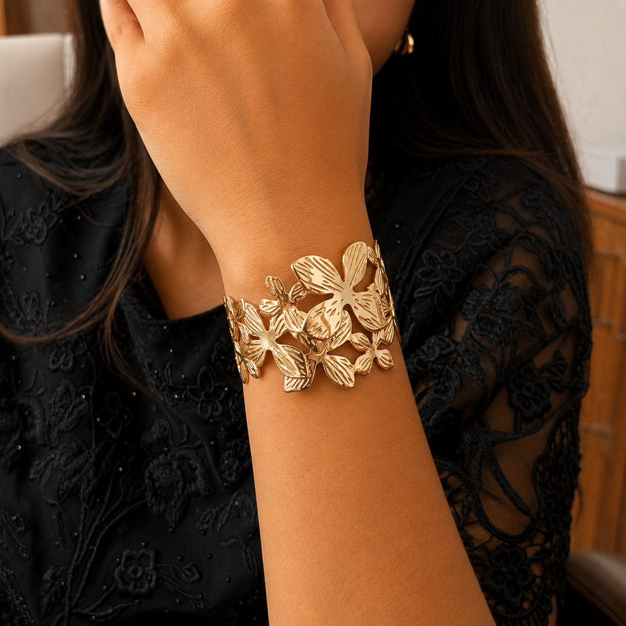 Golden Floral Leaf Cuff Bracelet for Women & Girls
