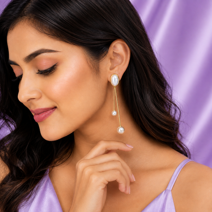 Oval Double Chain Mother of Pearl Drop Earrings for Women & Girls