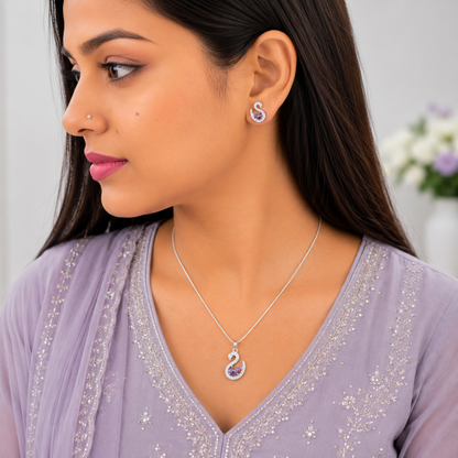 Swan AD Stone Rhodium Finish Pendant Set for Girls & Women's