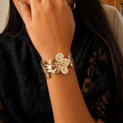 Golden Lily Flower Design Cuff Bracelet for Women & Girls