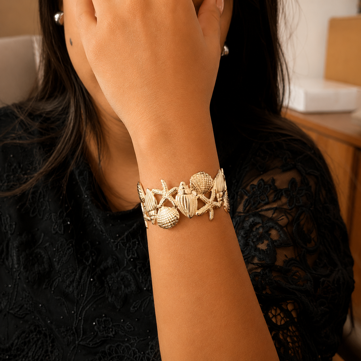 Golden Sea Shell & Starfish Cuff Bracelet for Women & Girls
