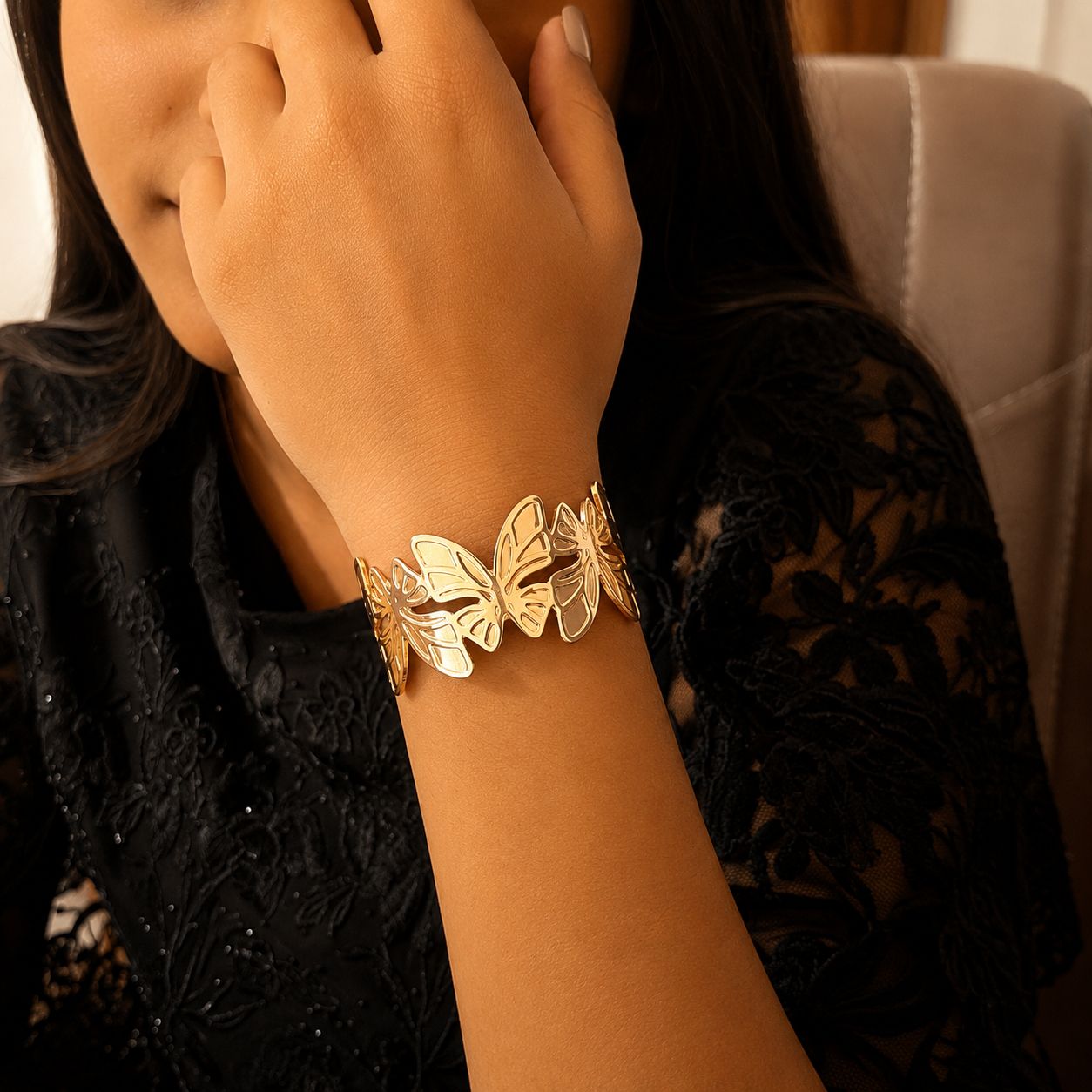 Golden 3D Butterfly Cuff Bracelet for Women & Girls