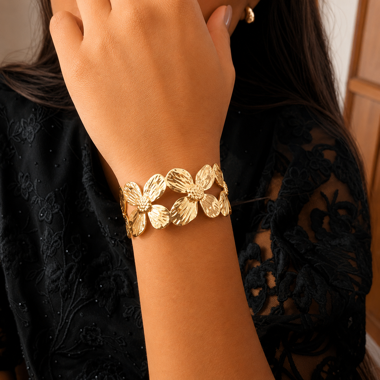 Golden Lucky 4 Leaf Flower Cuff Bracelet for Women & Girls