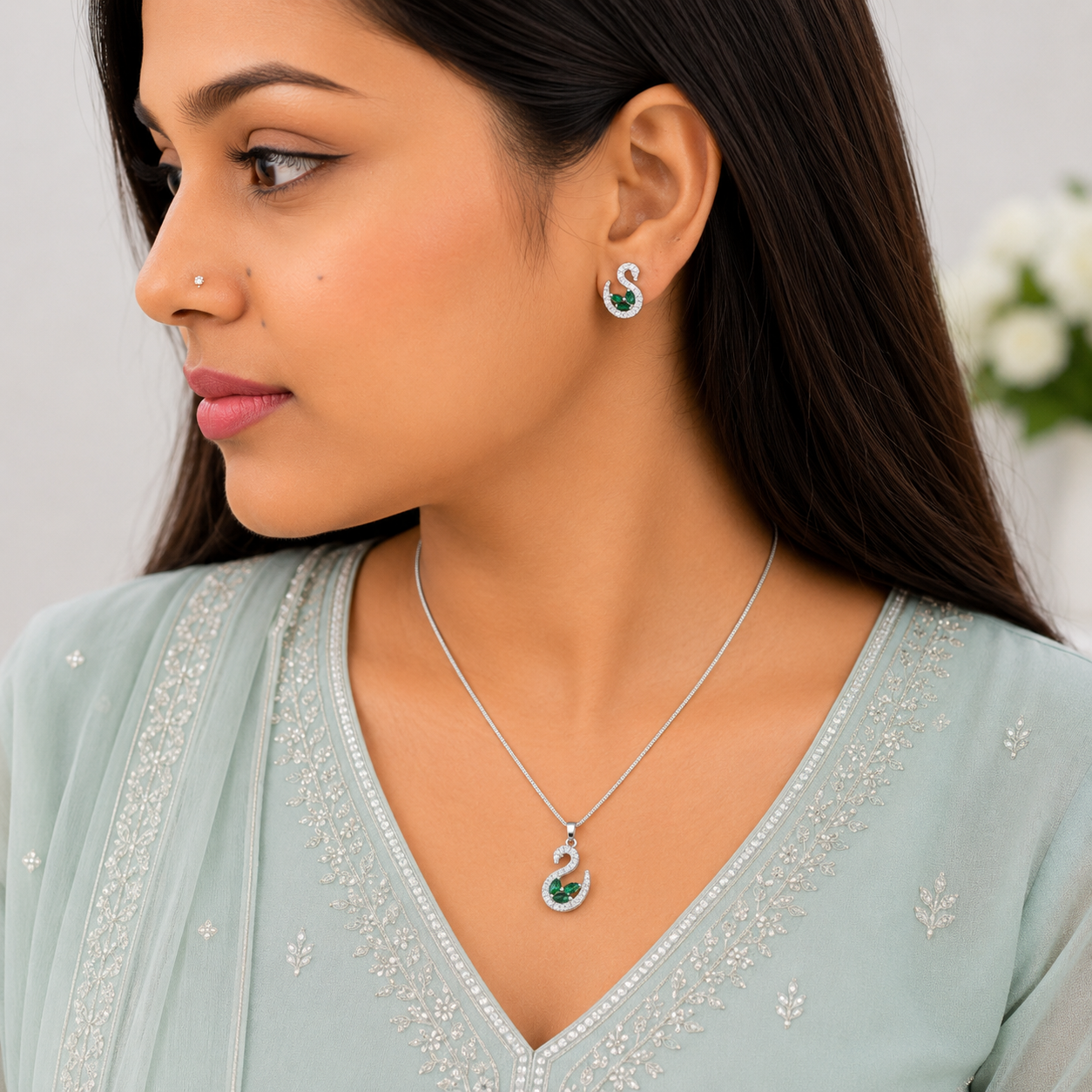 Swan AD Stone Rhodium Finish Pendant Set for Girls & Women's