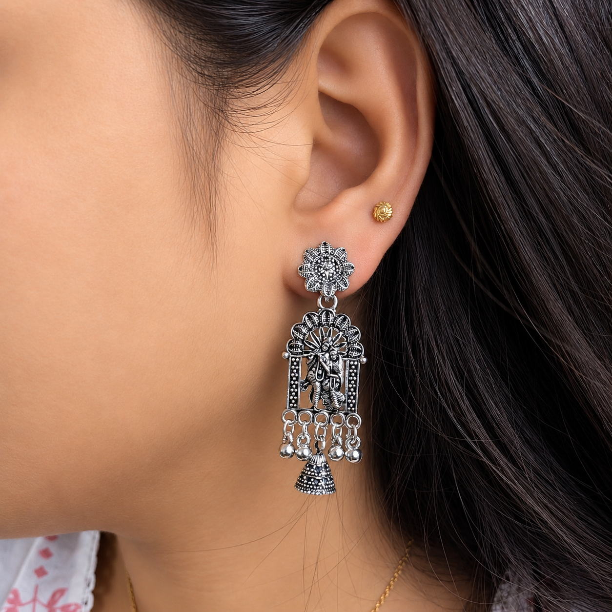 Oxidised Silver Radha Krishna Jhumka Earrings for Women
