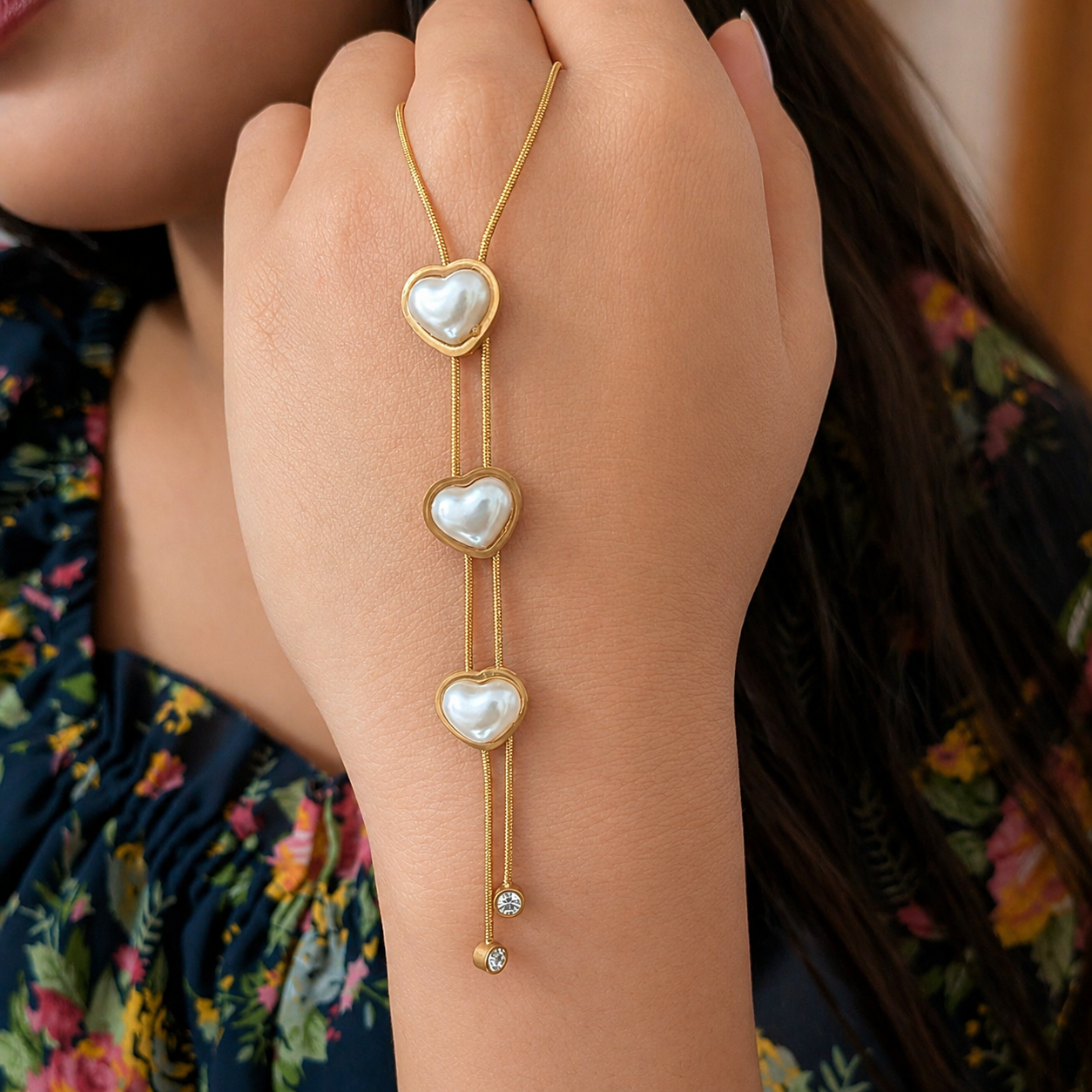 18K Gold Plated Triple Heart Pearl Layered Pendant Necklace for Women & Girls