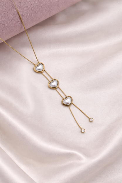 18K Gold Plated Triple Heart Pearl Layered Pendant Necklace for Women & Girls