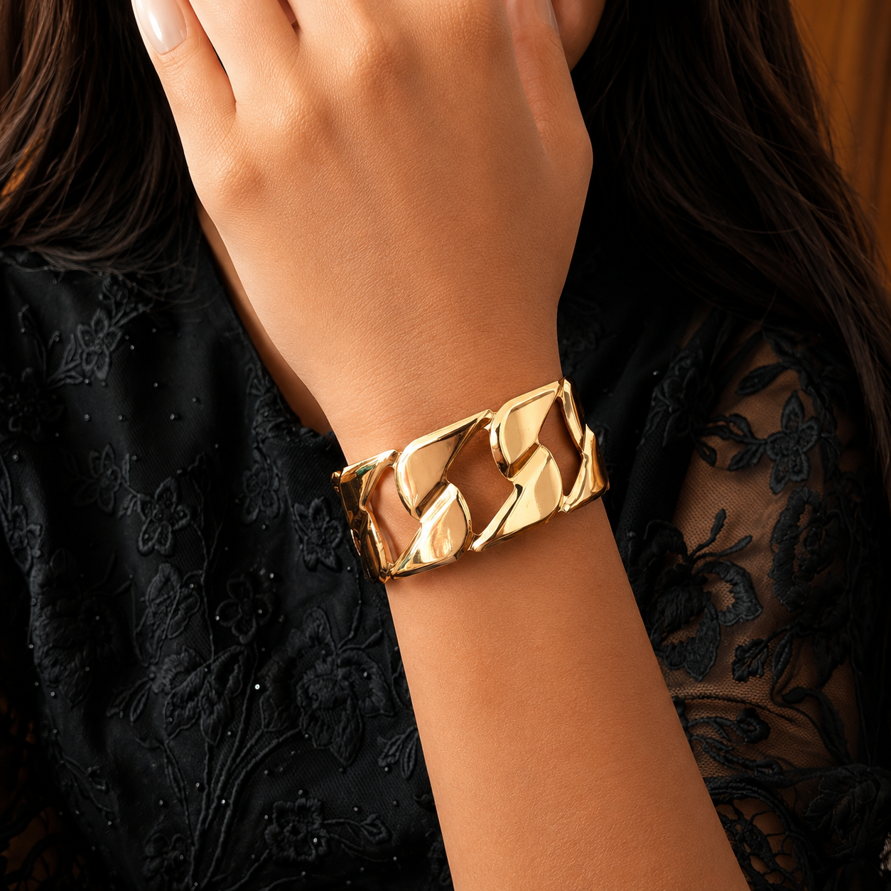 Golden Geometric Link Cuff Bracelet for Women & Girls
