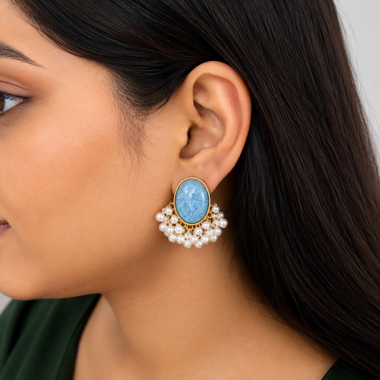 Oval Stone Pearl Stud Earrings with Pearl Tassel for Women & Girls