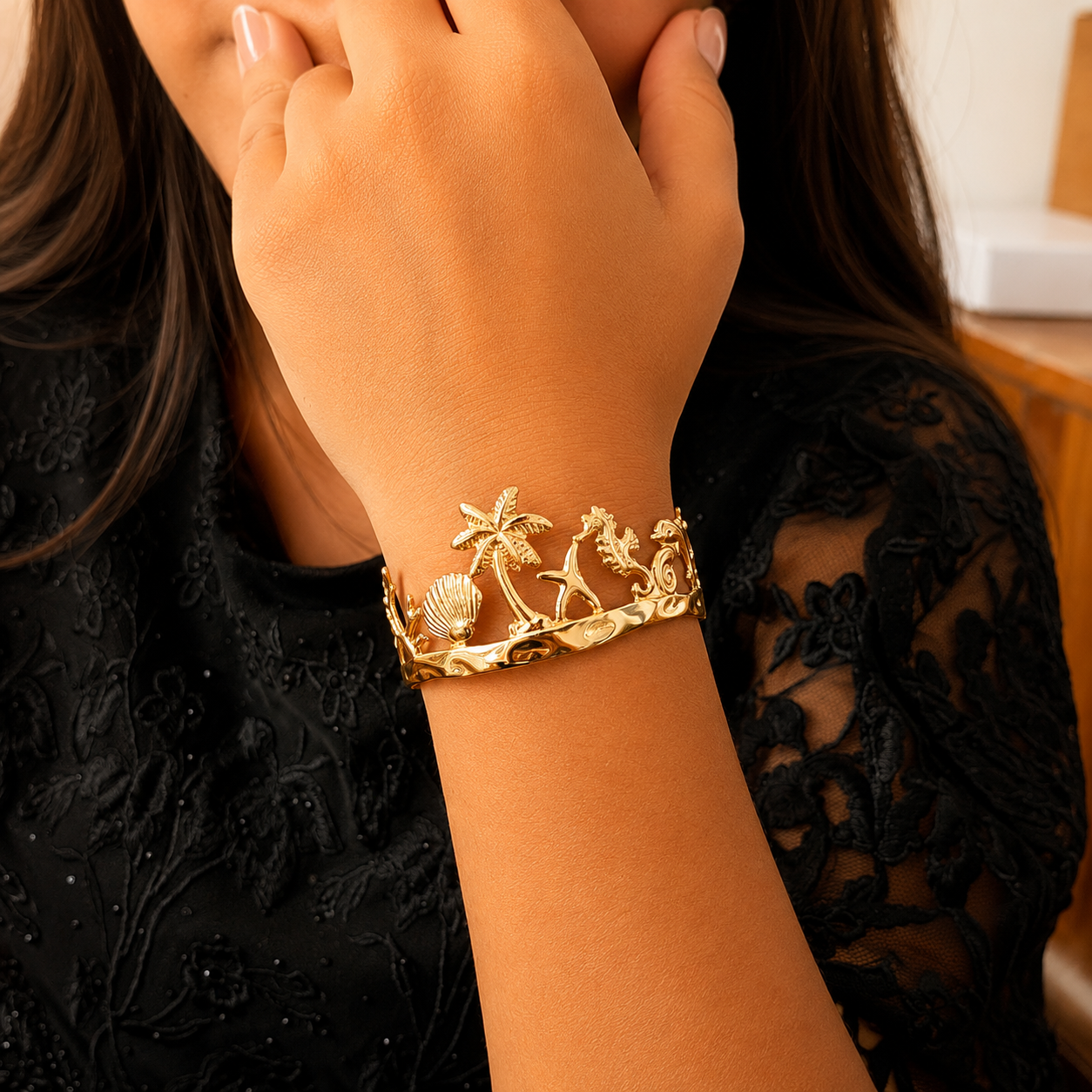 Golden Ocean Theme Cuff Bracelet for Women & Girls