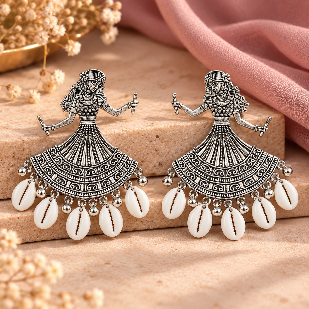 Oxidized Silver Cowrie Shell Dangle Earrings for Women & Girls