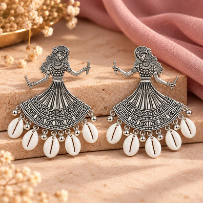 Oxidized Silver Cowrie Shell Dangle Earrings for Women & Girls