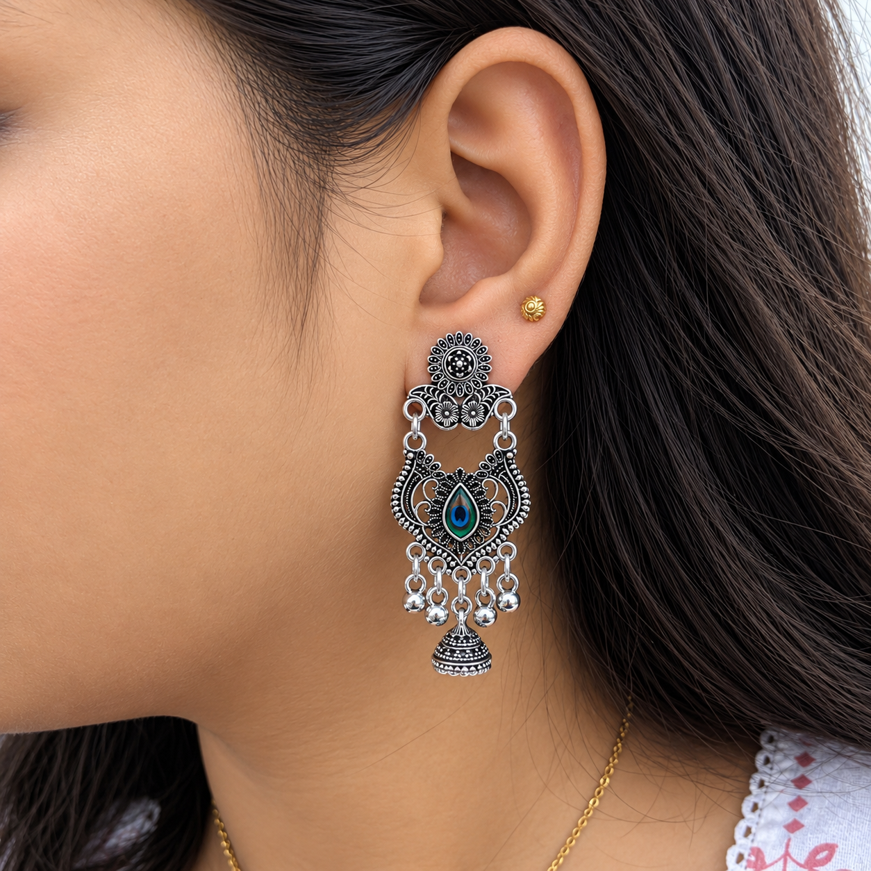 Oxidized Silver Peacock Dangle Earrings for Women