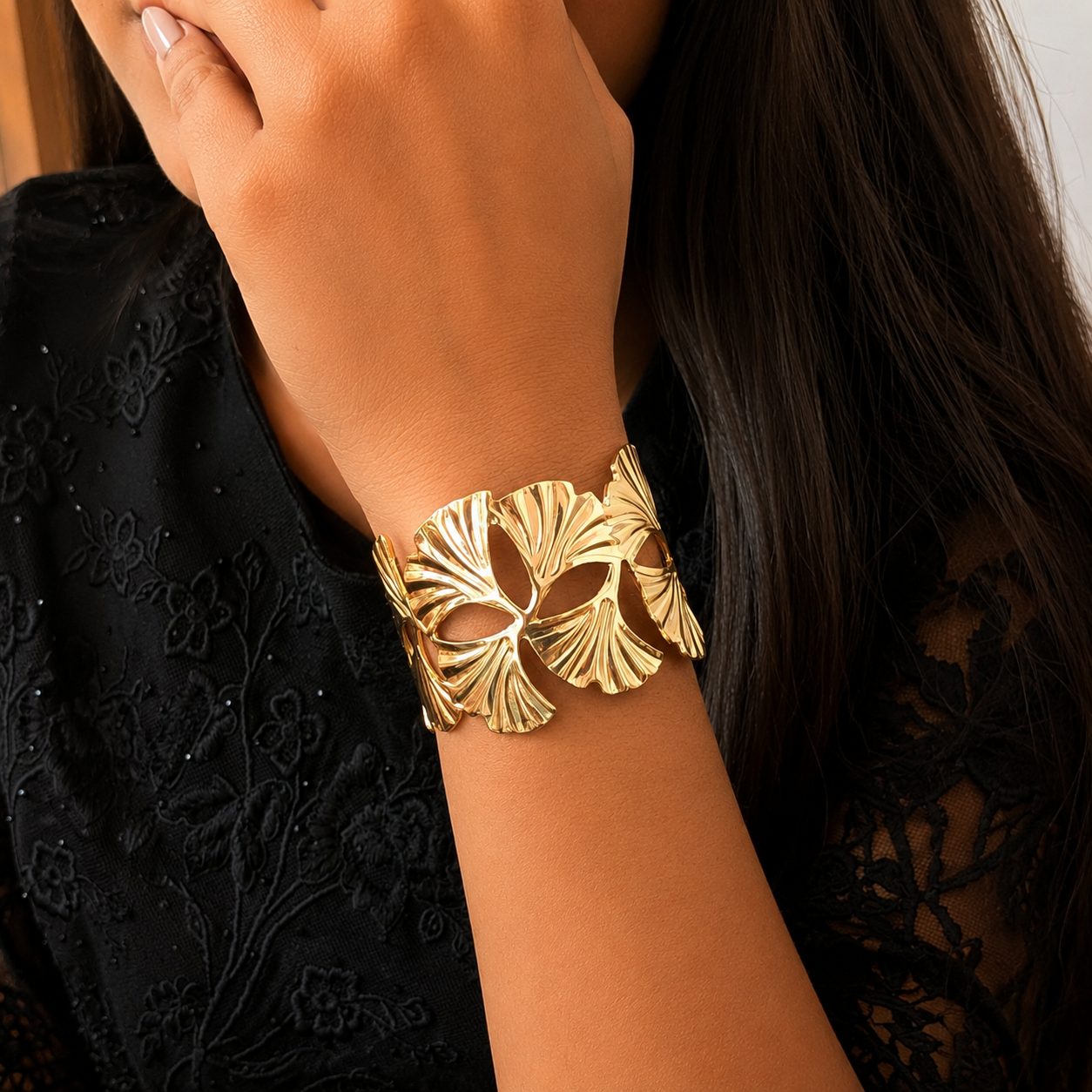 Golden Ginkgo Leaf Cuff Bracelet for Women & Girls