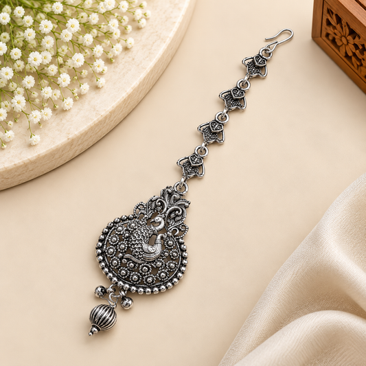 Oxidized Silver-Toned Peacock Design Mang Tikka for Women & Girls