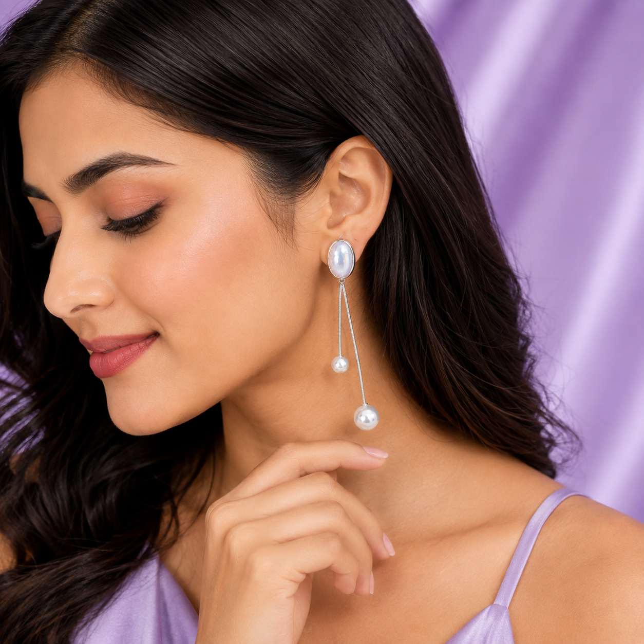 Oval Double Chain Mother of Pearl Drop Earrings for Women & Girls