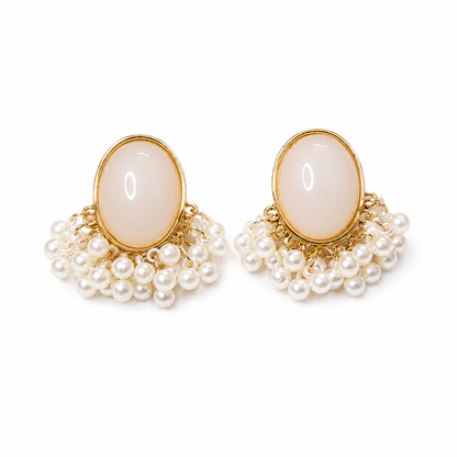 Oval Stone Pearl Stud Earrings with Pearl Tassel for Women & Girls