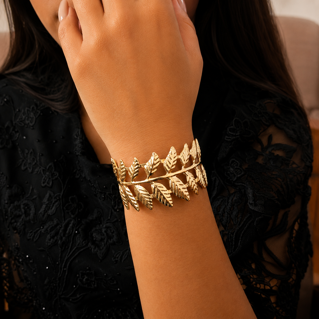 Golden Leaf Design Adjustable Cuff Bracelet for Women & Girls