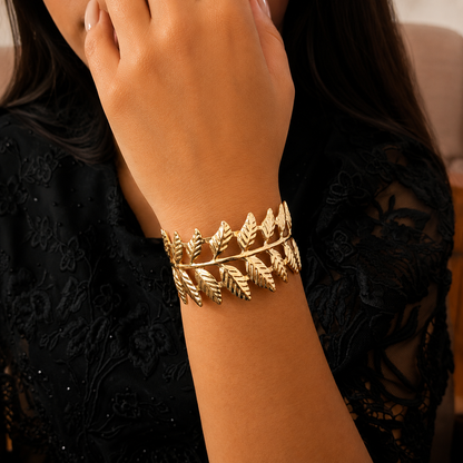 Golden Leaf Design Adjustable Cuff Bracelet for Women & Girls