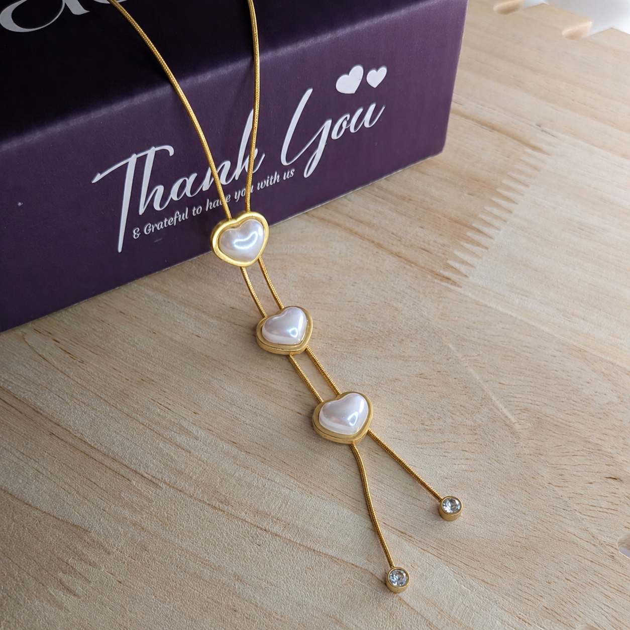 18K Gold Plated Triple Heart Pearl Layered Pendant Necklace for Women & Girls