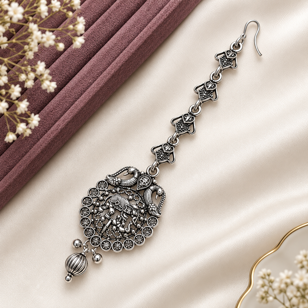 Elephant Design Silver-Tone Mang Tikka for Women & Girls