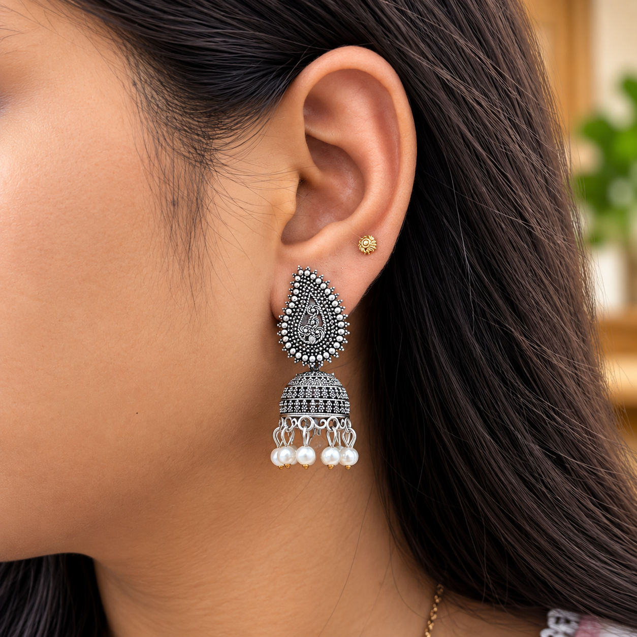 Oxidized Silver Paisley Jhumka Earrings with Pearl Drops for Women