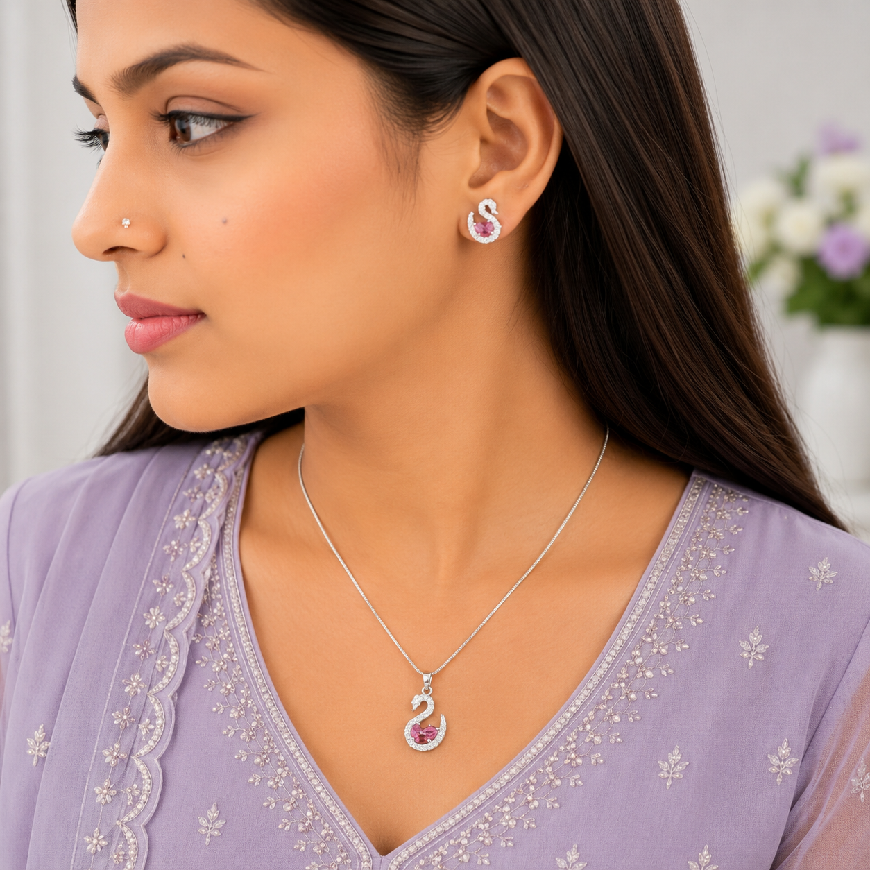 Swan AD Stone Rhodium Finish Pendant Set for Girls & Women's