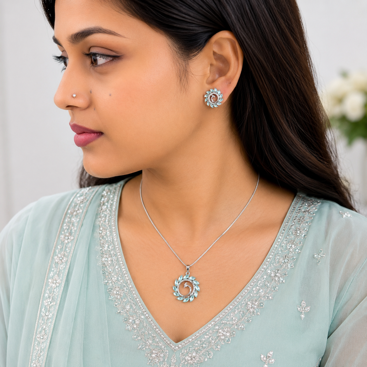 Round Western Peacock Design Pendant Set for Girls & Women's