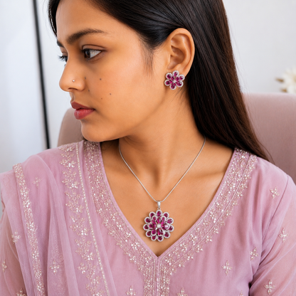Twilight Blossom Rhodium Finish Pendant Set for Girls & Women's