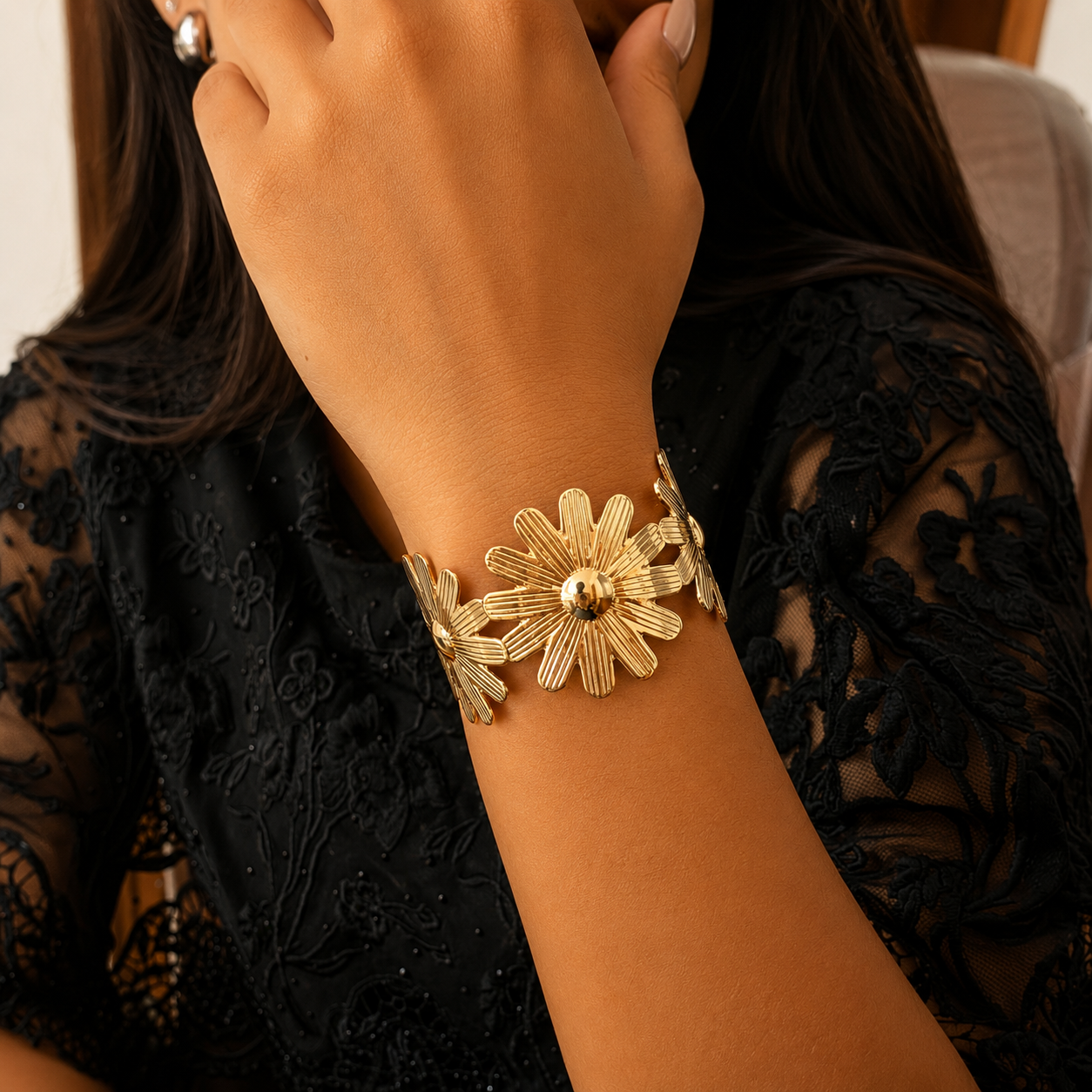 Golden Daisy Flower Cuff Bracelet for Women & Girls